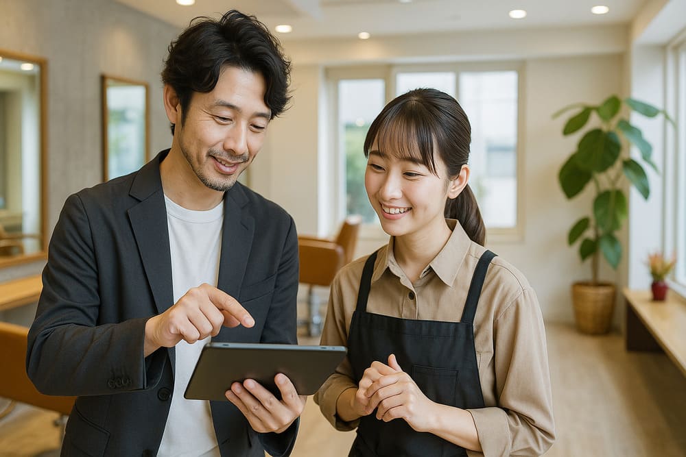 話をしている美容院の店長と店員