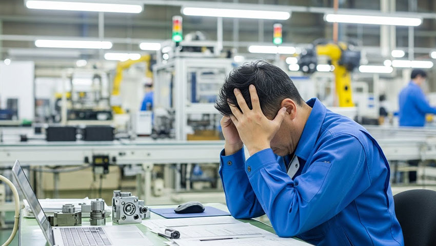 工場で悩むスタッフ